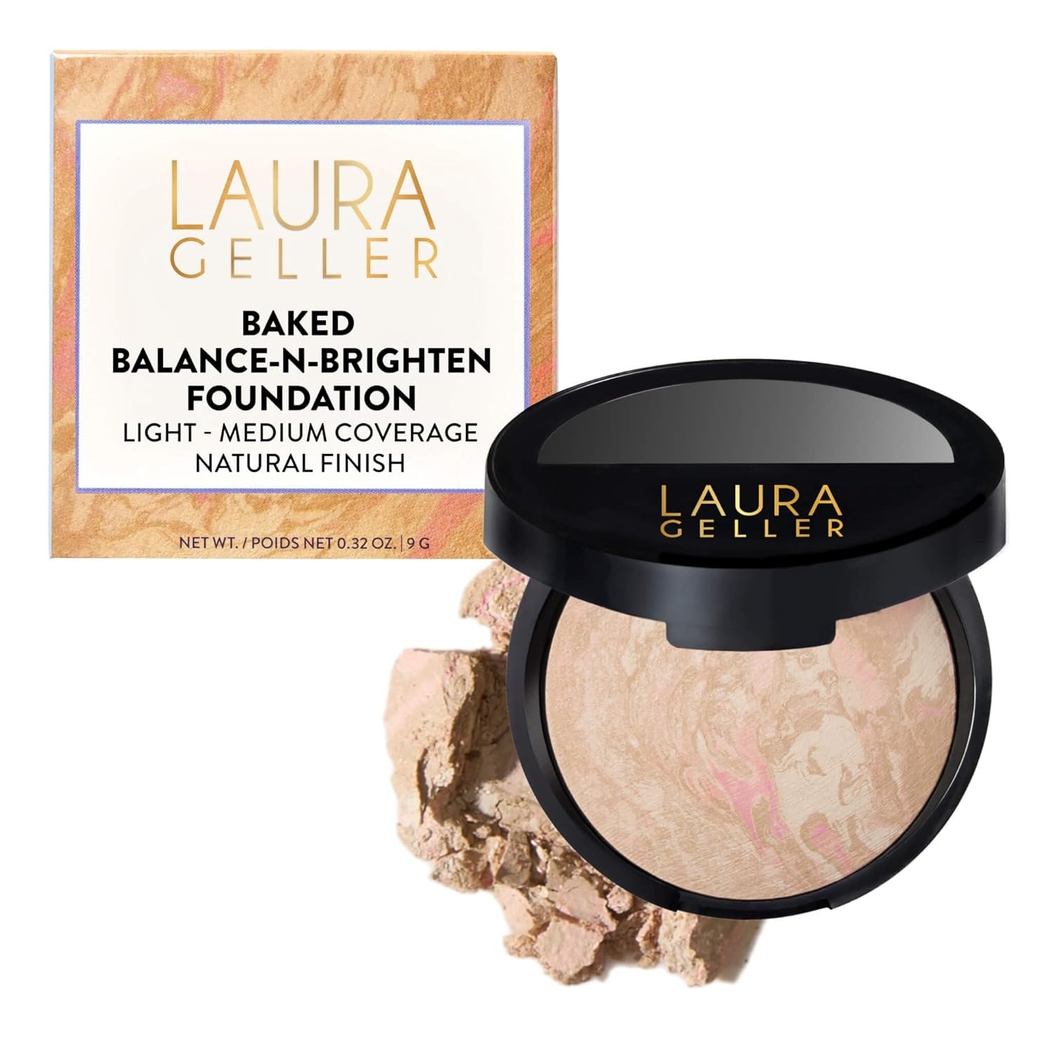 LAURA GELLER NEW YORK Award-Winning Baked Balance-n-Brighten Color Correcting Powder Foundation - Porcelain - Buildable Light to Medium Coverage - Demi-Matte Natural Finish