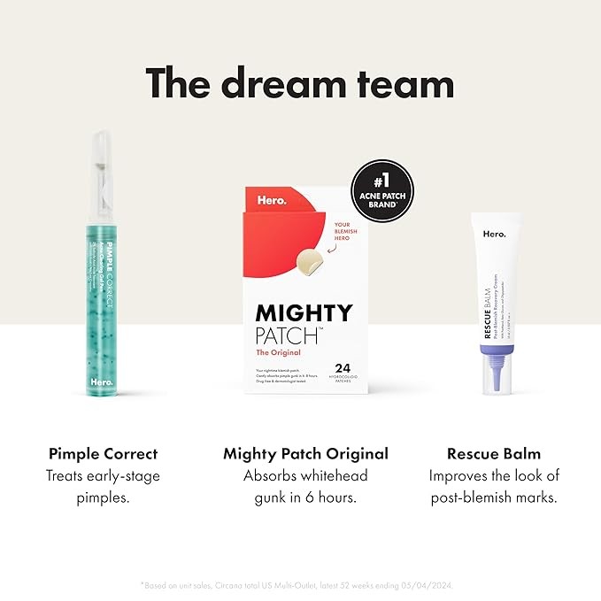 Mighty Patch Original Patch from Hero Cosmetics - #1 Hydrocolloid Acne Pimple Patches for Face, Shrinking Zits & Whiteheads in 1 Use, Nighttime Spot Pimple Stickers for Face, 24 Count