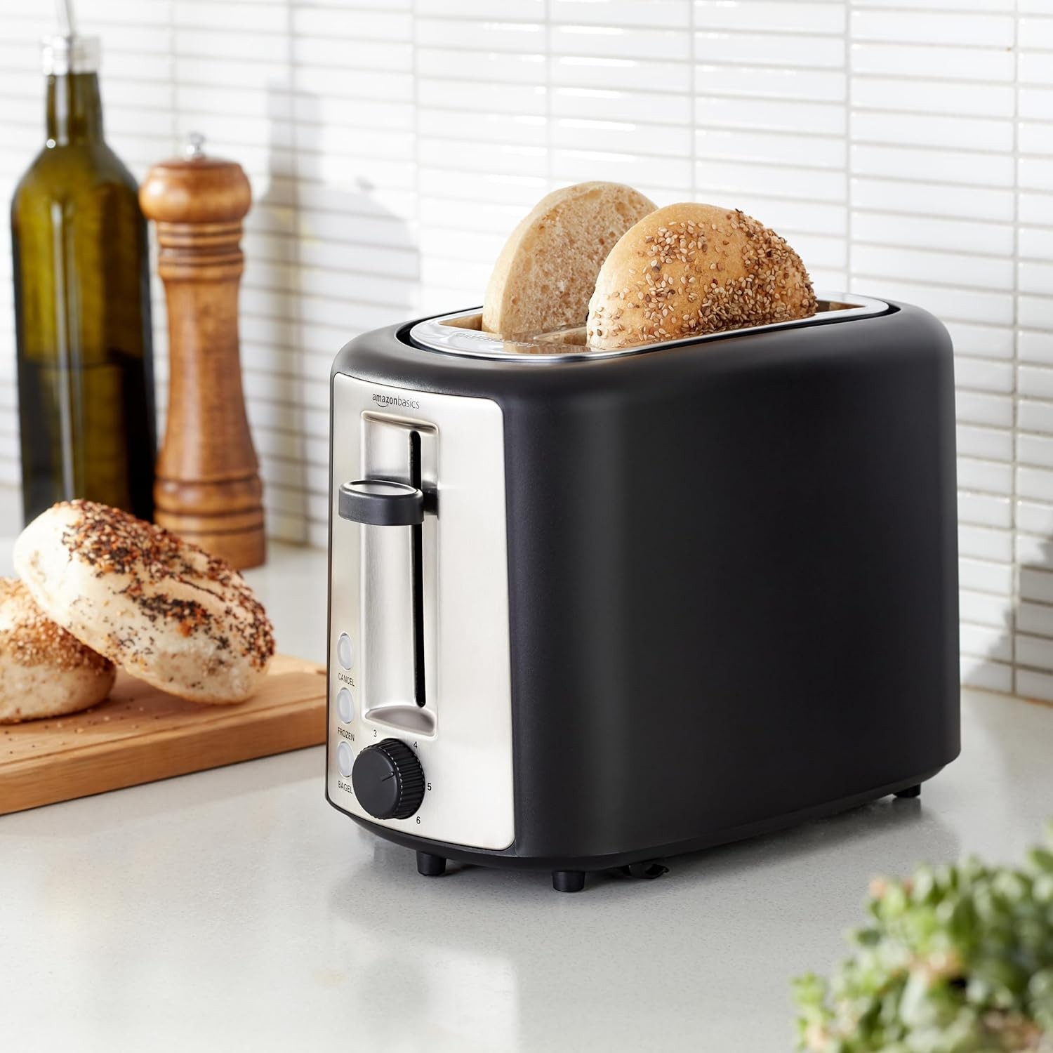 Basics 2 Slice Toaster, Extra Wide Slots for Bagels, 6 Browning Settings, Removable Crumb Tray, Defrost/Cancel/Bagel Buttons, Cord Wrap, 900W, Black & Silver