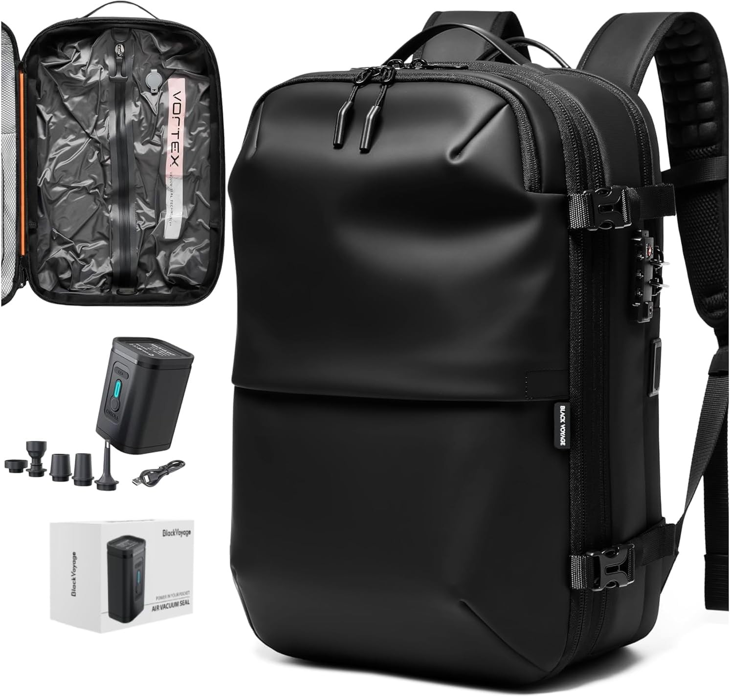 BlackVoyage Vortex Vacuum Seal Travel Backpack 60L Expandable Air Compression System Water Resistant TSA Lock Carry-On Suitcase Luggage Black AERO - Vacuum Pump Included