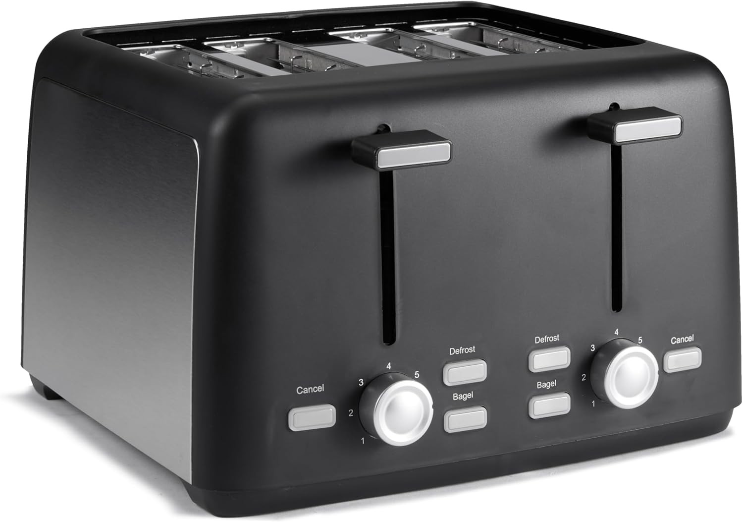 Basics 4 Slice Toaster, 7 Browning Settings, Extra Wide Slots for Bagels and Specialty Breads, Removable Crumb Tray, Cancel/Defrost/Bagel Buttons, 1500W, Black & Silver